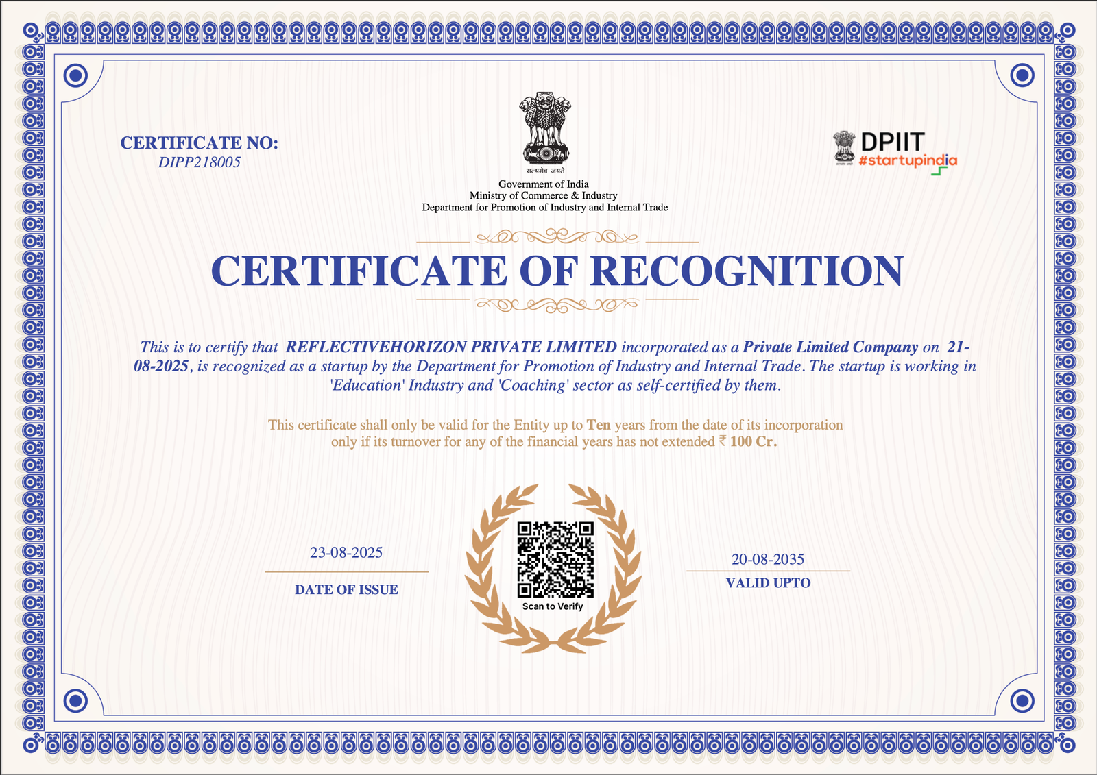 DPIIT Startup India Certificate of Recognition for ReflectiveHorizon Private Limited