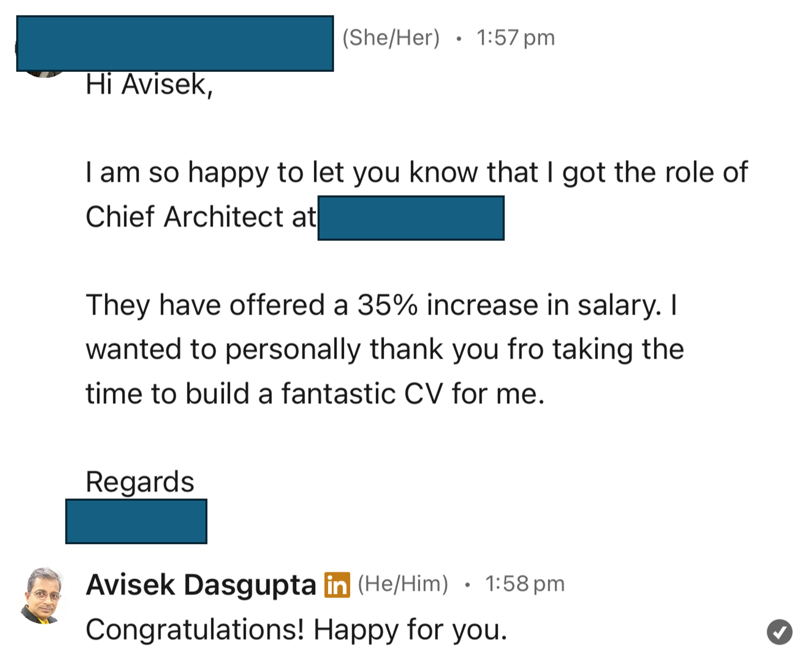 Client message confirming a Chief Architect role and 35 percent salary increase after CV work