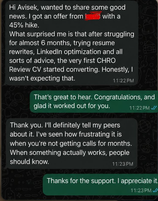 Client message confirming a 45 percent hike after a CHRO Review CV began converting