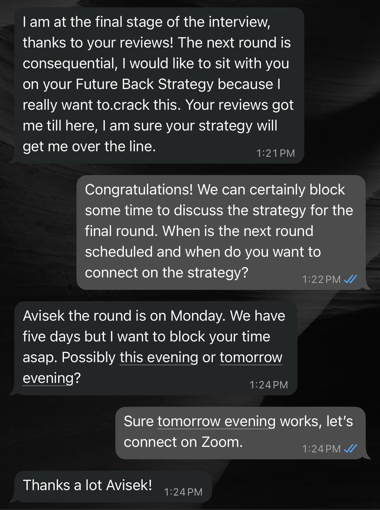 Client message about Future Back Strategy helping them reach the final interview stage